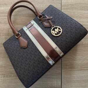 Michael Kors Black and Brown Medium Sheila Satchel Purse with Signature Logo